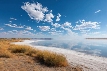 breathtaking landscape of salt lake in namibia at high noon presenting stunning natural symmetry