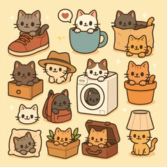 random Cute Cat Icons - Kawaii Animal Vector Set for Stickers, Kids, and Prints