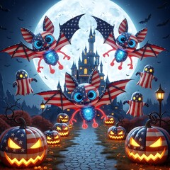 Halloween celebration with characters dressed in the U.S. flag.
