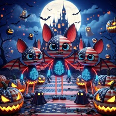 Halloween celebration with characters dressed in the U.S. flag.

