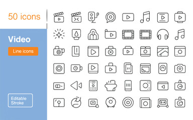 Collection of 50 thin line video and media icons on white background video icons line icons