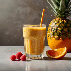 tropical fruit smoothie in a glass with a yellow straw pineapple in the background orange slices and raspberries surround the glass. 