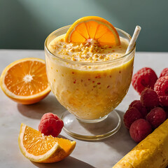 Orange and raspberry smoothie in a glass with decorative orange segment. Slices of orange and raspberries surround. 