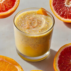 Glass of Orange and Grapefruit juice with slices grapefruit around the endges