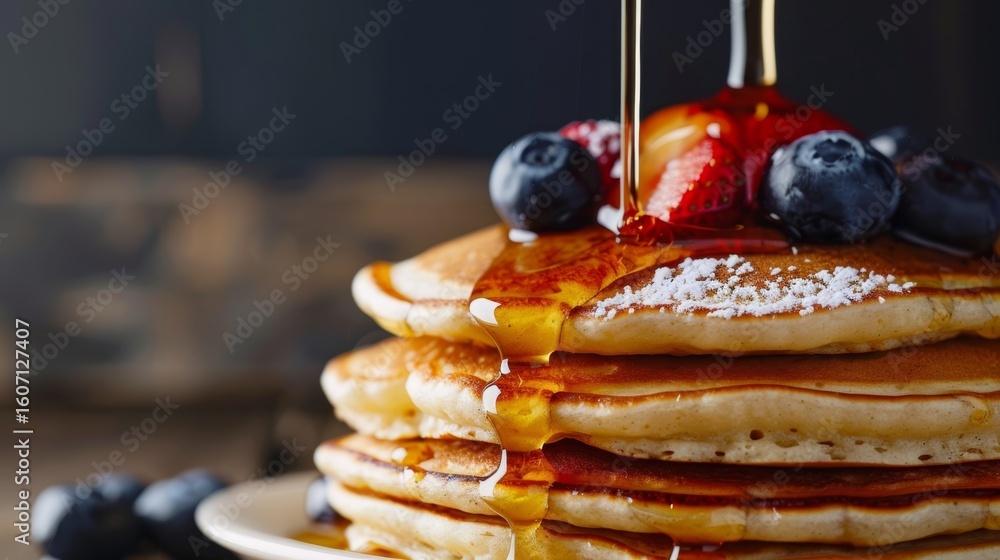 Poster a stack of fluffy pancakes topped with syrup made from locally tapped maple trees.