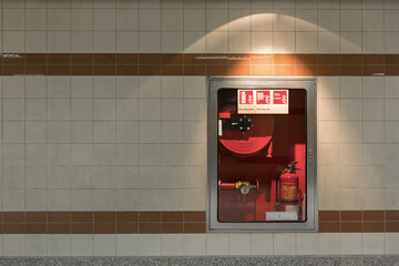 Hydrant with water hoses and fire extinguish equipment on the wall in an corridor.