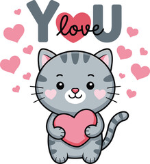 Cute Cat Holding Heart, Valentine Love Message Design, Adorable Animal Illustration, Romantic Greeting Card Artwork, Feline Sweet Gift Drawing