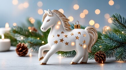 Festive Unicorn Ornament: A charming porcelain unicorn, adorned with intricate star details, embodies the spirit of the season. Embellished by soft lights and lush greenery, a perfect holiday decor
