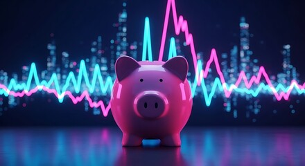 Piggy bank with neon financial data graph background symbolizing growth