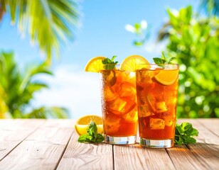 Refreshing iced tea with lemon and mint on a sunny tropical day