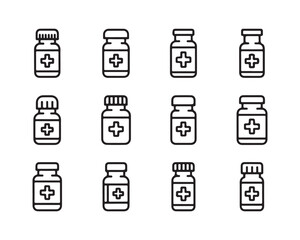 Outline Medicine Bottle Icons – Minimalist Pharmaceutical Vector Set