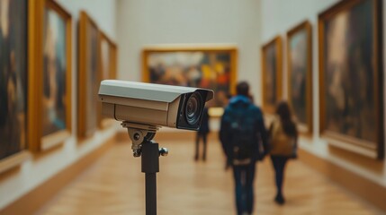 Security camera in museum interior with visitors enjoying art on walls, ensuring safety and surveillance in gallery space