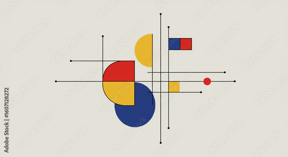 Poster abstract composition of circles rectangles and lines in primary colors on a neutral background