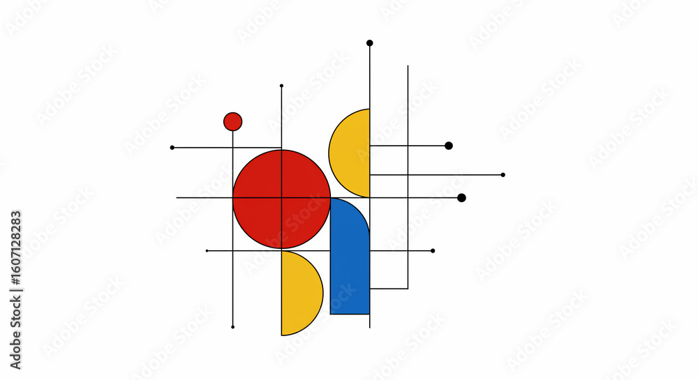 Poster abstract geometric composition with circles semicircles and lines in primary colors on white backgro