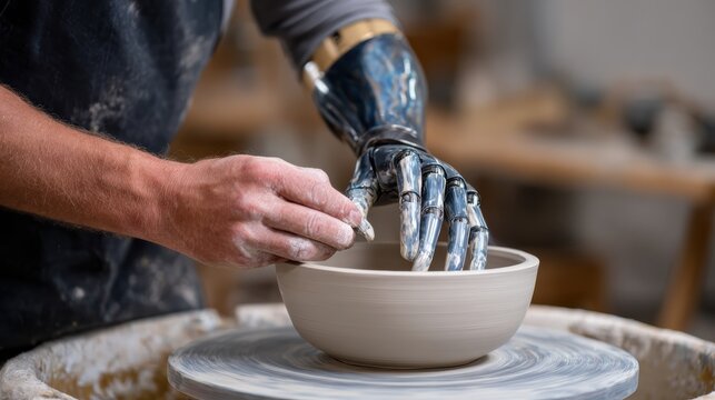 A person with a prosthetic hand is shaping a clay bowl on a pottery wheel in a workshop.