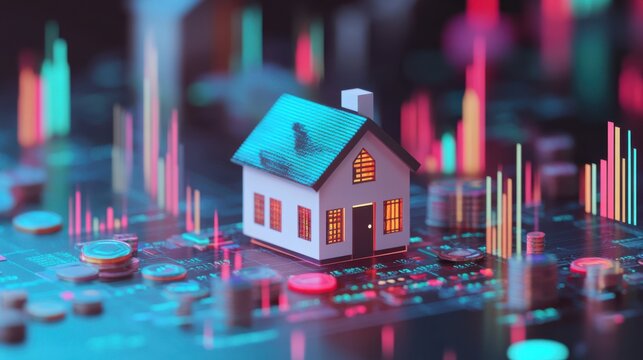 Miniature house model on digital interface with financial graphs and coins, representing real estate investment concept