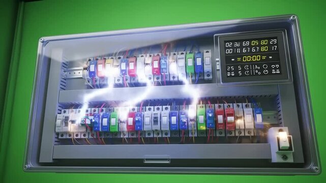 Electrical Fuse Box Animation, green screen background, realistic, no human or body parts, 4K resolution, seamless loop
