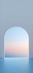 An arched doorway frames a serene view of a pastel-colored sunset over a calm body of water, reflected on a glossy blue surface.