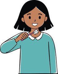 Happy girl with dark hair brushing her teeth, maintaining oral hygiene.