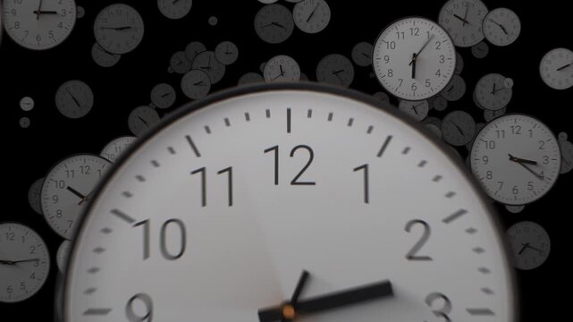 Multiple clocks with fast-spinning hands fly chaotically toward the camera in a time-lapse. Concept of the rapid, uncontrollable passage of time and urgency, deadlines, and time pressure