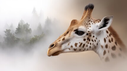 Fototapeta premium A close-up side profile of a giraffe with misty forest trees in the foggy background.