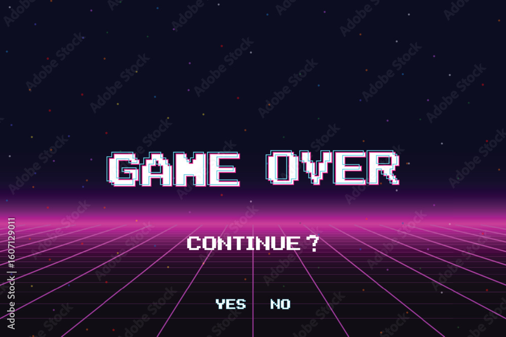 Poster game over. continue or exiting the game's main menu. modern trendy game background with lighting eff
