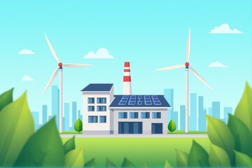 modern sustainable power facility with wind turbines and solar panels against city skyline. renewable energy concept. clean production. print design, educational material, illustration