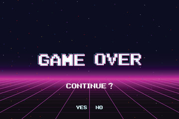 GAME OVER. CONTINUE or exiting the game's main menu. Modern trendy game background with lighting effect. for game assets in vector illustrations.