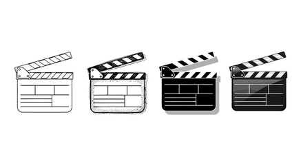 Four Stylized Variations of Open Movie Clapperboard Depicting Outline, Sketched, Shadowed, and Glossy Designs on White Background in Vector Format
