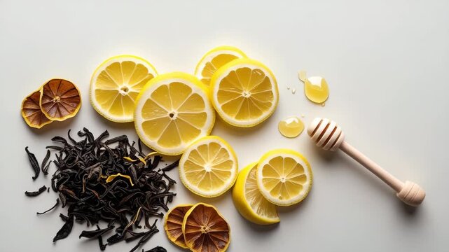 Slicing fresh lemons and honey for a refreshing tea experience kitchen food photography indoor top view wellness concept
