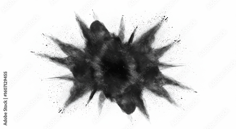 Poster a burst of black powder exploding outwards against a stark white background in a dynamic composition