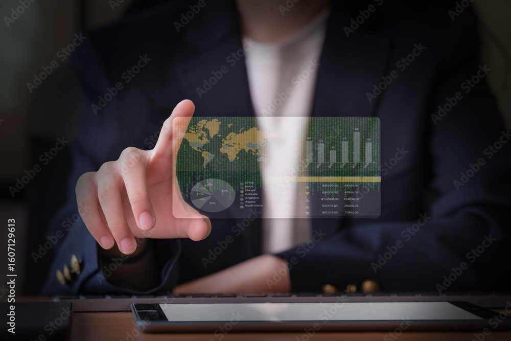 Poster close-up of a businesswoman's hand holding a screen displaying a green binary code.