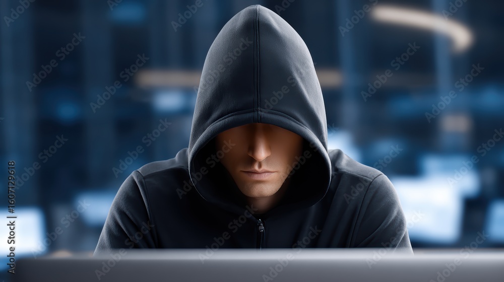 Poster a person in a dark hoodie sits in front of a computer, face partially shadowed, evoking a sense of s