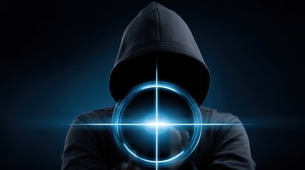 A hooded figure in darkness aims a glowing futuristic digital crosshair towards the viewer, symbolizing cybercrime or hacking.
