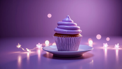 A purple frosted cupcake on a white plate surrounded by garlands creates a cozy and festive atmosphere.