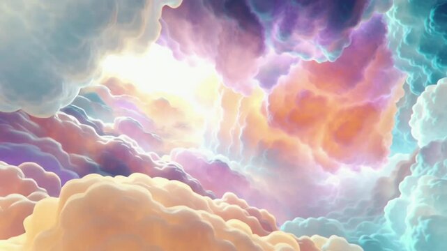 seamless loop dripping clouds neon glossy paint, soft pastel colors purple, orange, blue, iridescent glow, lava lamp aesthetic space, Y2K fluid visuals, dreamy abstract sky, 90s cybercore influence