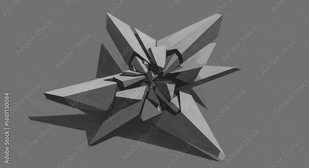 Poster a grayscale image of a shattered geometric object with sharp edges and shadows on a gray background