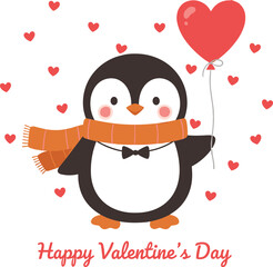 Cute penguin with heart balloon, Valentine's Day illustration, love greeting, romantic holiday, adorable animal art, winter scarf, festive celebration