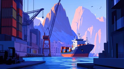 Colorful cargo ship navigating serene waters between modern industrial buildings and majestic mountains at dawn