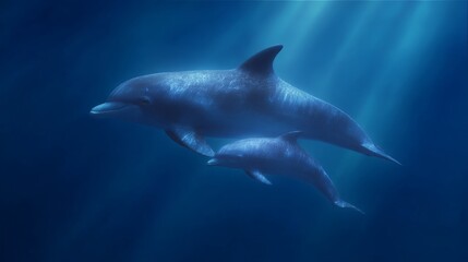Fototapeta premium A pair of dolphins gracefully swim together in the deep blue sea. The light filters through the water, creating a serene atmosphere. Perfect for marine life enthusiasts. AI