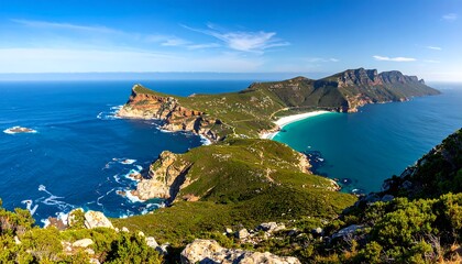 Panoramic coastal view, featuring dramatic cliffs, lush greenery, and a pristine beach