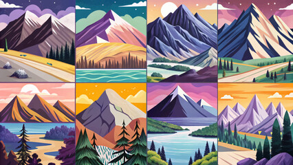 Collection of mountain landscape vector illustrations. Scenic nature views in various seasons spring, summer, autumn, winter and times like sunrise, day, sunset, night. Ideal for banners, wallpaper