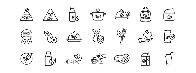 Vegan & Organic Food Line Icons Set - Plant-Based Diet & Healthy Lifestyle