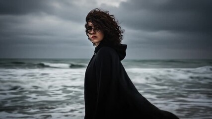 Mysterious Woman with Windswept Hair Standing by a Stormy Ocean on a Gloomy Day, Looking Directly at the Viewer