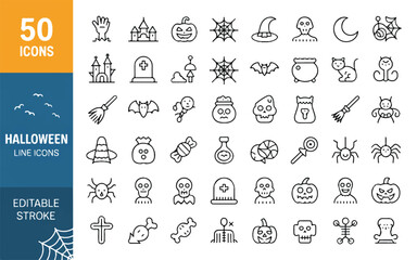 Fifty Halloween themed line icons including pumpkins skulls bats and spiders line art symbols