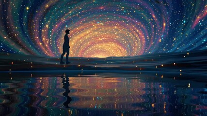 Rear view of person in pool cosmic sky glowing black hole portal, stars swirling inward, multicolor aurora spirals pool water, surreal sci-fi dreamscape, cinematic soft ripple 4K loop wallpaper - Powered by Adobe
