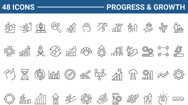 Progress and Growth set of web icons in line or outline style. Icons for web and mobile app. Outline icons collection. Editable Stroke. Vector illustration.