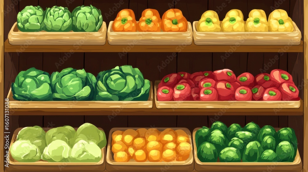 Poster colorful display of fresh vegetables and fruits in wooden baskets at a local market setting with rus