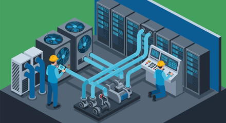 Isometric Vector Illustration of Data Center Cooling System with Technicians Inspecting HVAC and Server Infrastructure in Modern Industrial Setting
