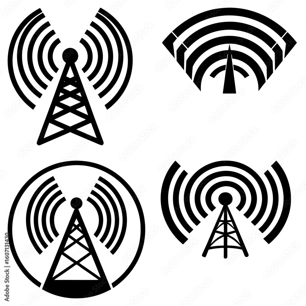 Poster four distinct black communication tower icons with varying signal wave designs on a white background